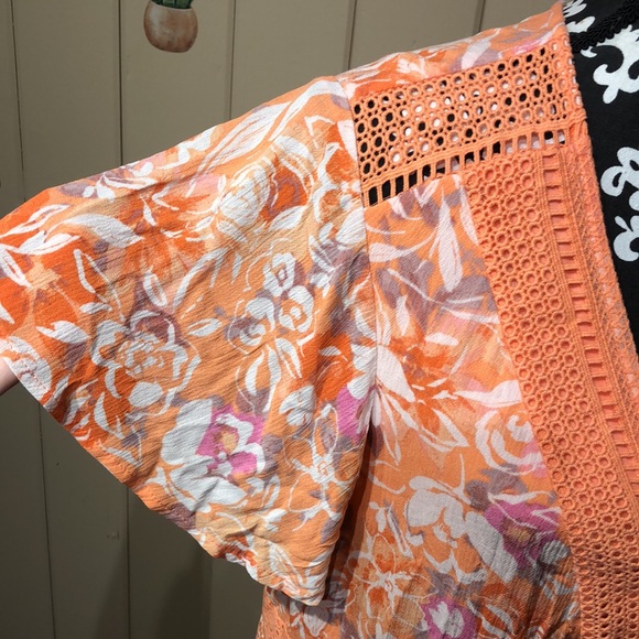 3X low cut lace up coral white floral print maxi dress crochet cut out details - Picture 8 of 14